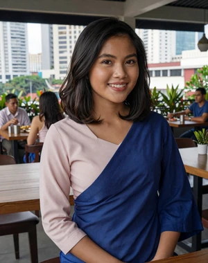 Hnin Wai, 25, Burmese woman from Yangon in modern cafe wearing pink blouse and traditional longyi, seeking genuine connection