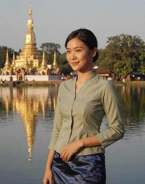 Khin Mar, 29, Burmese woman from Meiktila beside lake with golden temple reflection, looking for genuine love connection