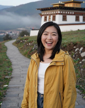 Chimi, 25, Bhutanese woman from Trongsa on mountain trail with misty hills, looking for meaningful relationship