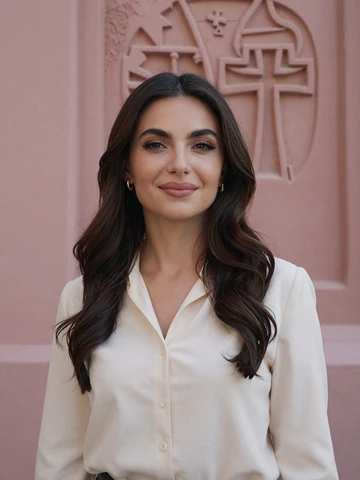 Armenian woman in elegant cream blouse standing near traditional carved khachkar cross-stone in Yerevan, representing genuine Armenian dating profiles