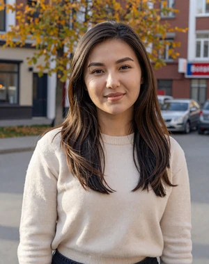 Aizhan, 26, Kazakh woman from Almaty in cream knit top on autumn city street, seeking meaningful cross-cultural relationship