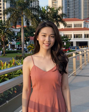 Rachel, 27, Singaporean woman from Woodlands in coral sundress on bridge at golden hour, seeking meaningful relationship