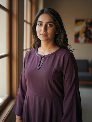 Afghan woman in elegant plum dress near window with warm natural light, representing modern Afghan singles on iDatingZone