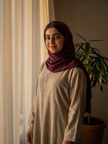 Yemeni woman in elegant plum hijab near window with warm natural light, representing modern Yemeni singles on iDatingZone
