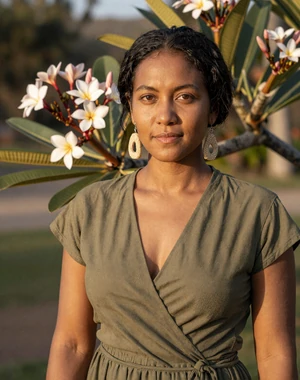 Filomena, 33, Timorese professional from Lospalos in olive wrap top with tais earrings in frangipani garden