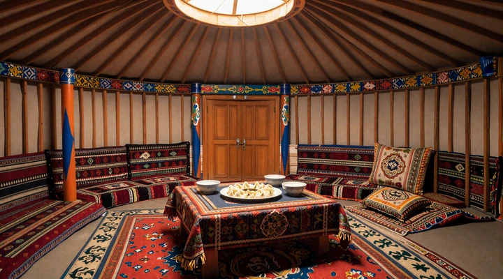 Traditional Mongolian ger interior with colorful textiles and buuz dumplings on table, representing Mongolian hospitality and family culture in dating