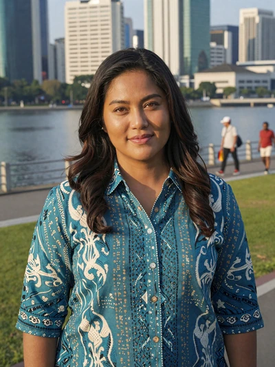 Rina, 30, Indonesian woman from Jakarta in a teal batik blouse at a modern waterfront park