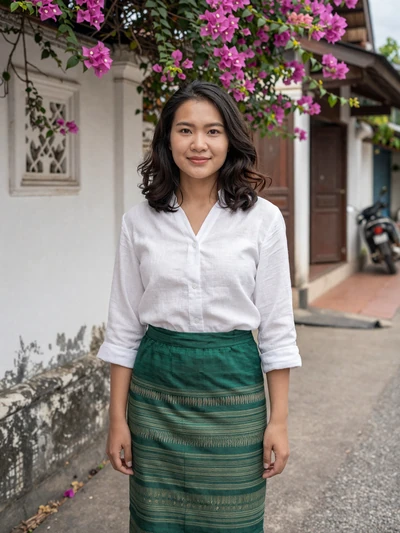 Chansouk, 28, Laotian woman from Luang Prabang on historic street with flowers, interested in serious international relationship