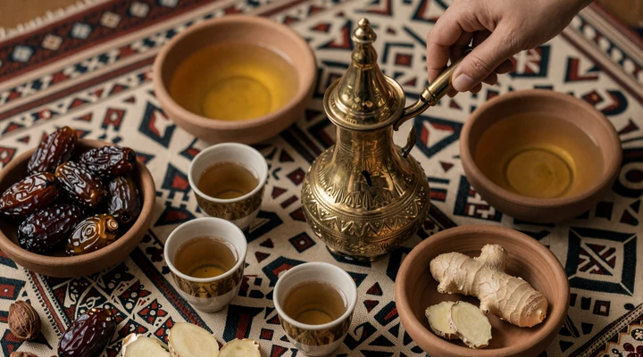 Traditional Yemeni coffee ceremony with ornate brass dallah pot, small cups, dates and honey, representing the heart of Yemeni hospitality in dating culture