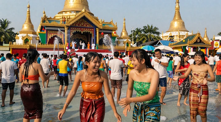 Thingyan Water Festival celebration in Yangon Myanmar with joyful crowds and golden pagoda spires, representing vibrant Burmese dating culture