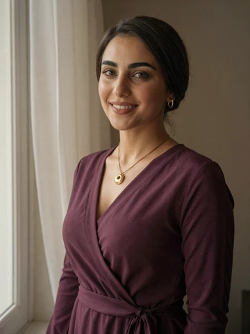 Jordanian woman in elegant plum dress near window with warm natural light, representing modern Jordanian singles on iDatingZone