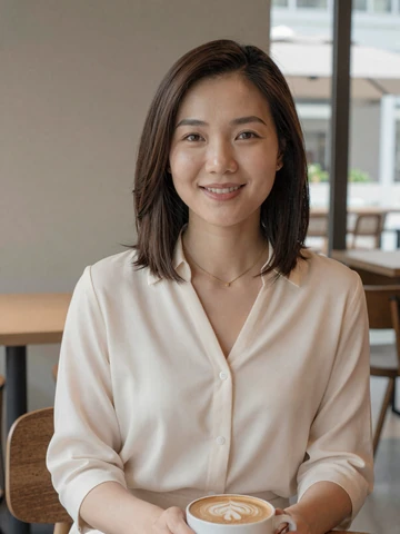 Singaporean woman in cream blouse at modern cafe with latte, representing genuine Singaporean dating profiles on iDatingZone