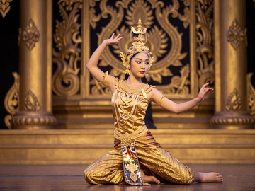 Traditional Cambodian Apsara dance costume with golden ornate details representing rich Khmer cultural heritage