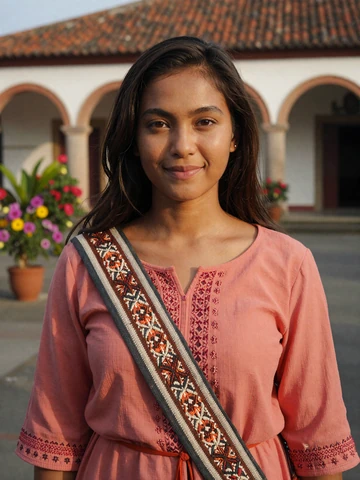 Timorese woman in coral embroidered blouse with traditional tais sash in Dili courtyard, representing genuine Timorese dating profiles