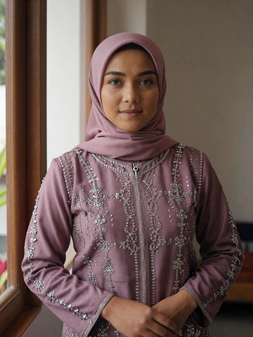 Bruneian woman in elegant plum baju kurung with silver embroidery near window with warm light, representing modern Bruneian singles on iDatingZone