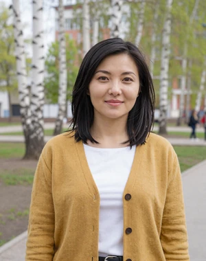 Dana, 28, Kazakh woman from Semey in mustard cardigan in spring birch park, open to international dating