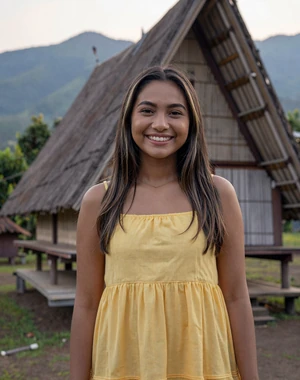 Beatriz, 22, Timorese woman from Same in yellow sundress near sacred house with mountain backdrop, open to international dating