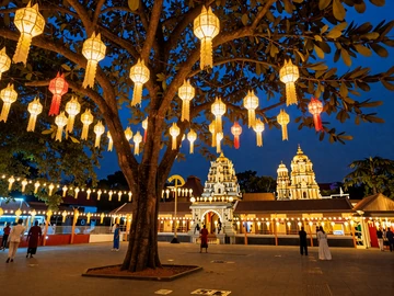 Vesak lantern festival in Colombo Sri Lanka at night with colorful illuminated lanterns near Buddhist temple