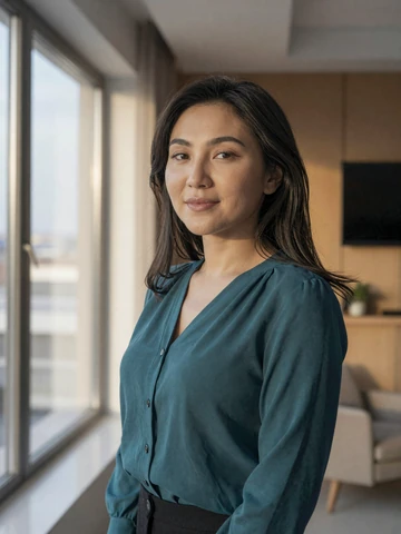 Kazakh woman in deep teal blouse near sunlit window in modern apartment, representing contemporary Kazakh singles on iDatingZone