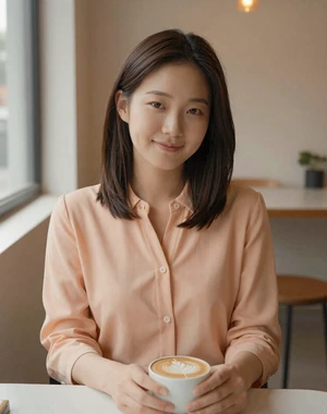 Jiyeon, 27, Korean heritage woman from Seoul at cafe with warm natural light, seeking meaningful cross-cultural connection