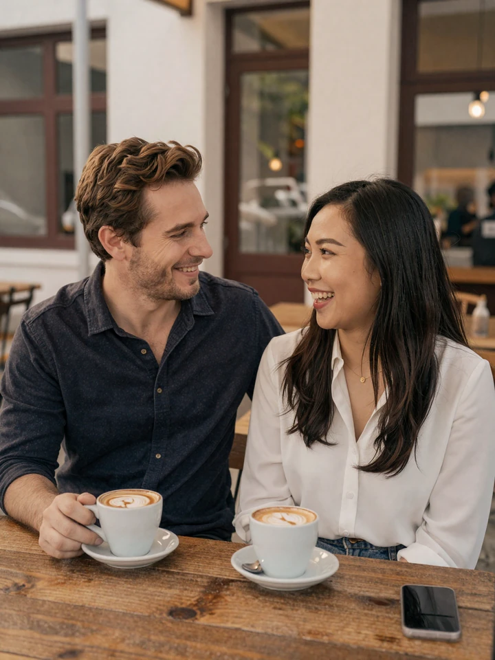 Happy international couple enjoying coffee together, showcasing cross-cultural dating success