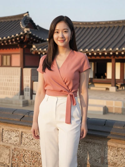Yerin, 28, Korean woman from Suwon in coral top near Hwaseong Fortress, interested in cross-cultural relationship
