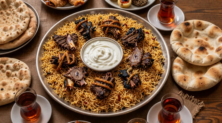 Traditional Jordanian mansaf dish with lamb and jameed yogurt on silver platter with Arabic tea, representing Jordanian hospitality customs in dating culture