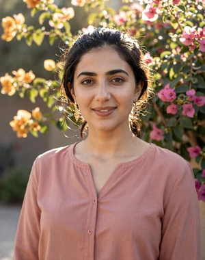 Zahra, 34, Afghan-American woman from California in sunny garden, seeking lifelong partner