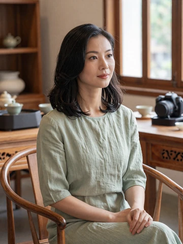 Chinese woman at traditional tea house in elegant linen dress, representing authentic Chinese dating profiles on iDatingZone