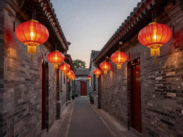 Traditional Chinese red lanterns illuminating a Beijing hutong alley at dusk, representing rich Chinese cultural heritage for dating