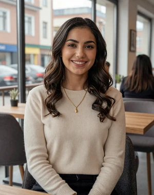 Malika, 26, Uzbek woman from Tashkent in modern cafe wearing cream sweater, seeking meaningful cross-cultural connection