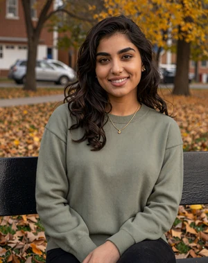 Sediqa, 24, Afghan-American woman from Virginia in autumn park, seeking committed partner