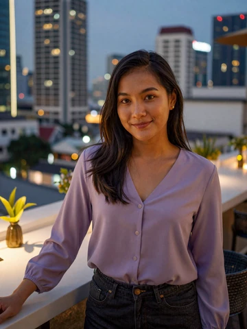 Thai woman on rooftop restaurant terrace in Bangkok evening setting, representing modern Thai dating scene on Asian iDatingZone