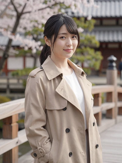Natsuki, 26, Japanese woman from Osaka in a beige trench coat at a traditional garden bridge