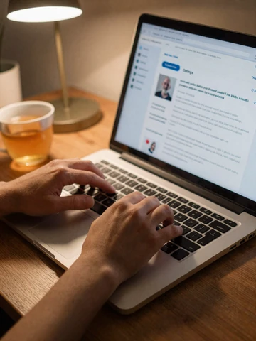 Man writing an engaging dating profile bio on laptop in a warm home office setting