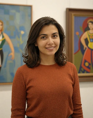 Gulnora, 28, Uzbek woman from Nukus in rust orange top at art gallery, open to international dating