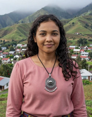 Domingas, 26, Timorese woman from Aileu in rose blouse with silver pendant amid misty green mountain town