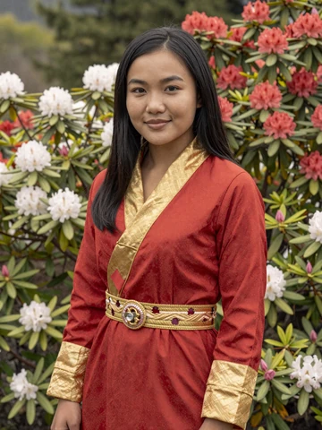 Bhutanese woman in traditional red and gold kira dress smiling in garden with rhododendrons in Thimphu, representing genuine Bhutanese dating profiles