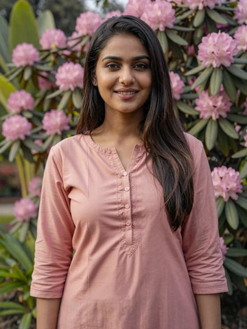 Nepali woman in dusty rose kurta suruwal smiling in Kathmandu garden, representing genuine Nepali dating profiles on iDatingZone
