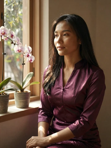 Cambodian woman in elegant plum silk blouse near window with warm natural light, representing modern Cambodian singles on iDatingZone