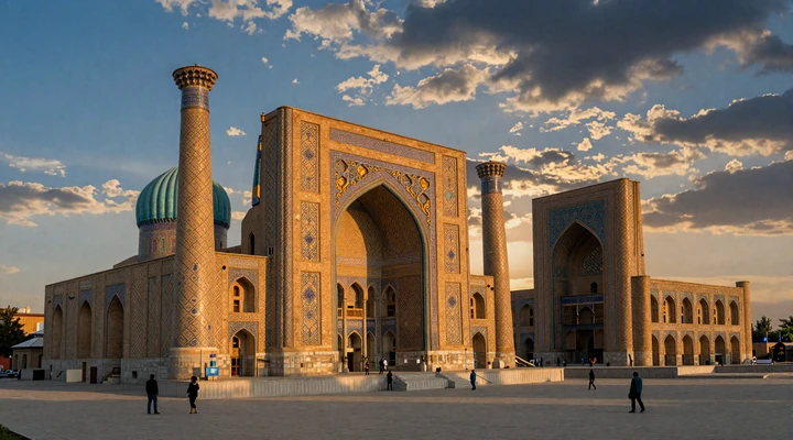 Registan Square in Samarkand Uzbekistan at sunset with turquoise and gold mosaic madrasas, representing the Silk Road heritage of Uzbek dating culture