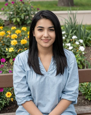 Kamola, 23, Uzbek woman from Andijan in pale blue embroidered blouse at flower garden, looking for meaningful relationship