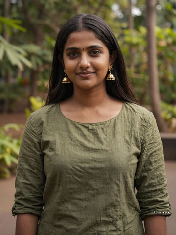 Indian woman in casual olive blouse with gold earrings smiling in Mumbai botanical garden, representing verified Indian dating profiles
