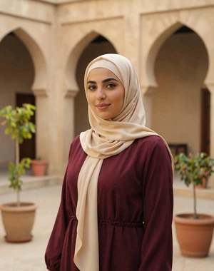Hala, 26, Jordanian woman from Zarqa wearing hijab in courtyard setting, seeking committed partner