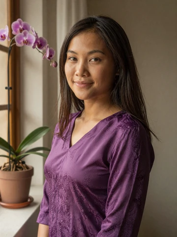 Laotian woman in plum silk blouse near window with warm natural light, representing modern Lao singles on Asian iDatingZone