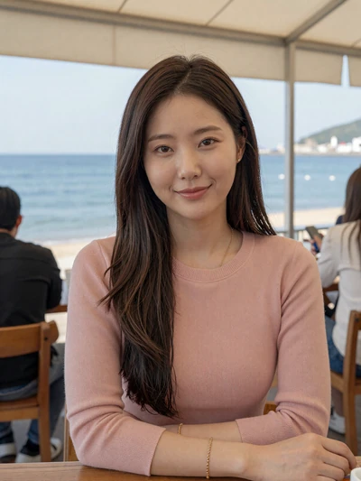 Eunji, 31, Korean woman from Busan at seaside cafe with ocean backdrop