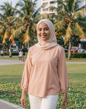Syafiqah, 23, Bruneian woman from Labi in peach blouse at modern park, interested in genuine cross-cultural connection