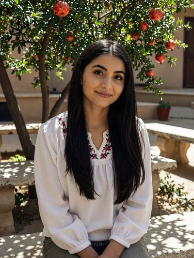 Parvina, 22, Tajik woman from Vahdat in garden courtyard with pomegranate trees, looking for genuine partner