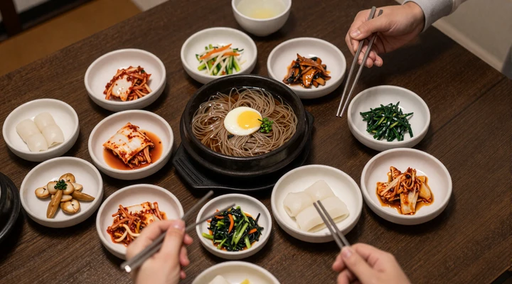 Traditional Korean dining table with naengmyeon cold noodles, kimchi, and various banchan side dishes representing shared Korean culinary heritage