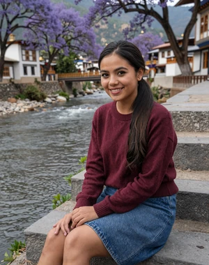 Kinley, 24, Bhutanese woman from Punakha by riverside with blooming trees, looking for genuine love connection